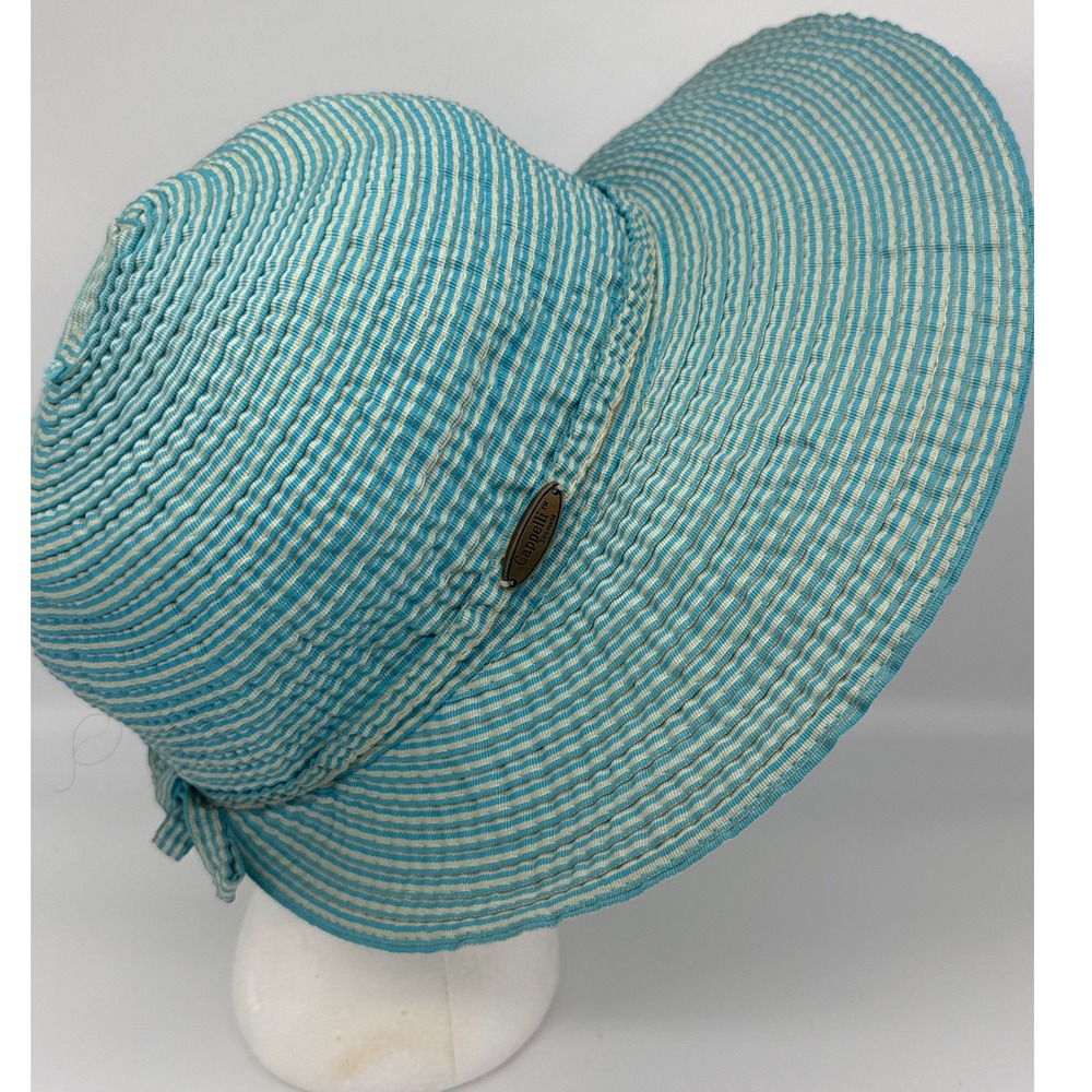 Cappelli Straworld Turquoise Blue White Striped Wide Brim Floppy Sun Hat Bonnet - Picture 5 of 9